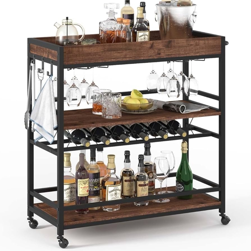 Bar Cart Rustic Wood and Metal Integrated Wine Rack Locking Casters
