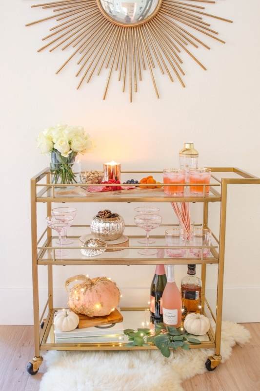 Bar Cart Seasonal Fall Accents Gold And Copper Pairing Autumn Decor.
