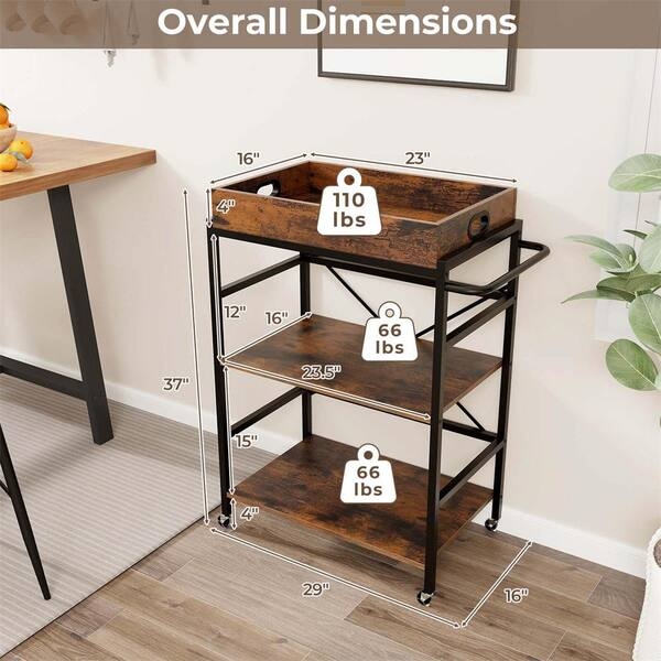 Bar Cart, Side Rails, Mobile Serving Station With Tray, Rustic Brown, Metal