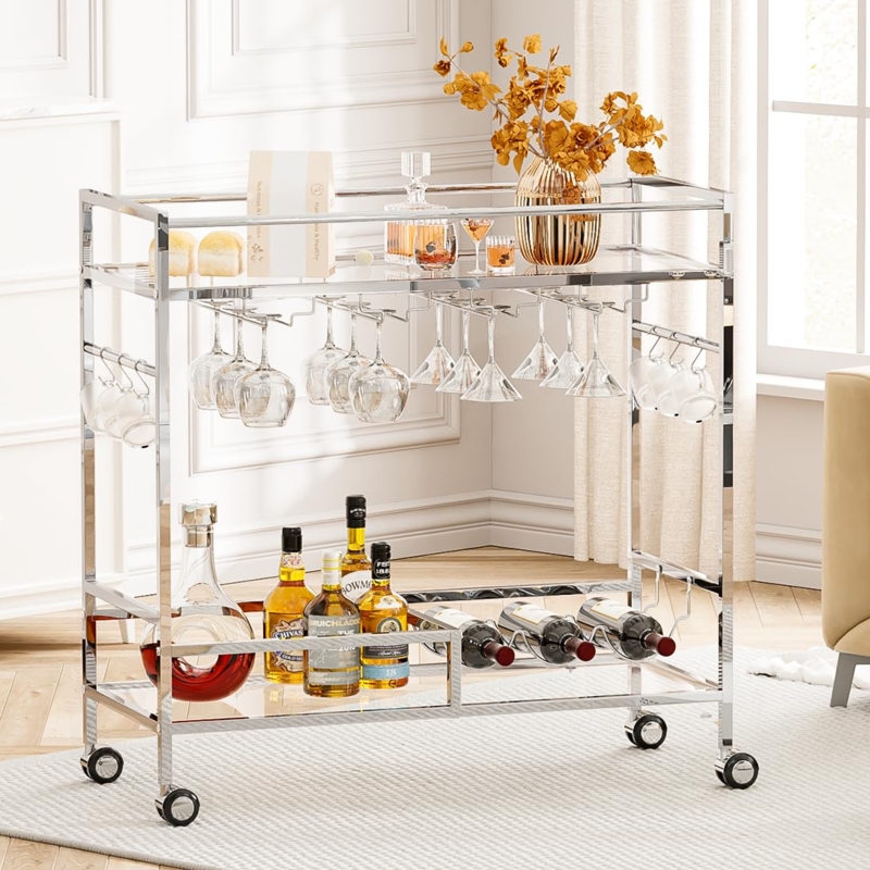 Bar Cart Silver Finish Tempered Glass Small Space Entertaining Furniture