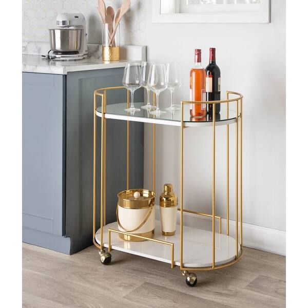 Bar Cart Silver Toned Metal Circular Frame Mirrored Two Tier Serving.