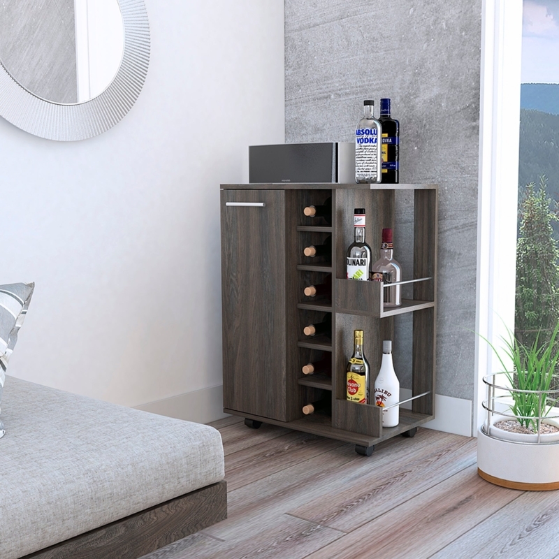 Bar Cart Six Bottle Cubbies Integrated Cabinet Warm Wood Brown