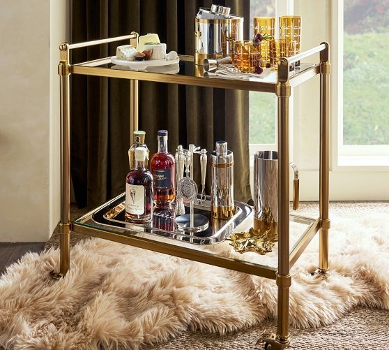 Bar Cart, Slim Antique Brass Two-Tier Frame with Casters.