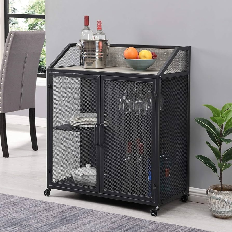 Bar Cart Slim Profile Dark Silver Metal Farmhouse Wood-Toned
