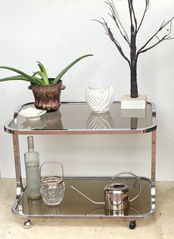 Bar Cart Smoked Glass Tubular Chrome, Mid Century Trolley