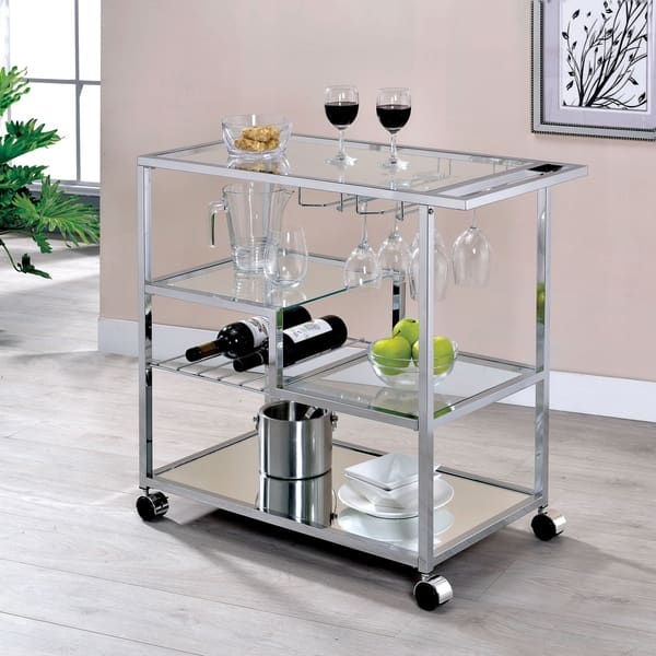 Bar Cart Stemware Rack Two Tier Silver, Glass Serving Cart