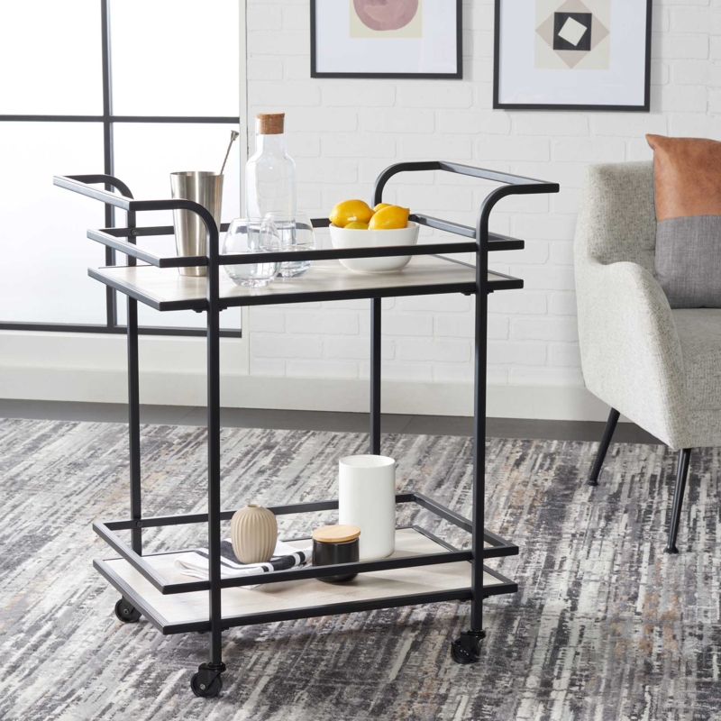Bar Cart Stone-Like Shelves Integrated Handles Matte Black Frame