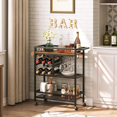 Bar Cart Three Tier Black Frame Rectangular Shelves Industrial