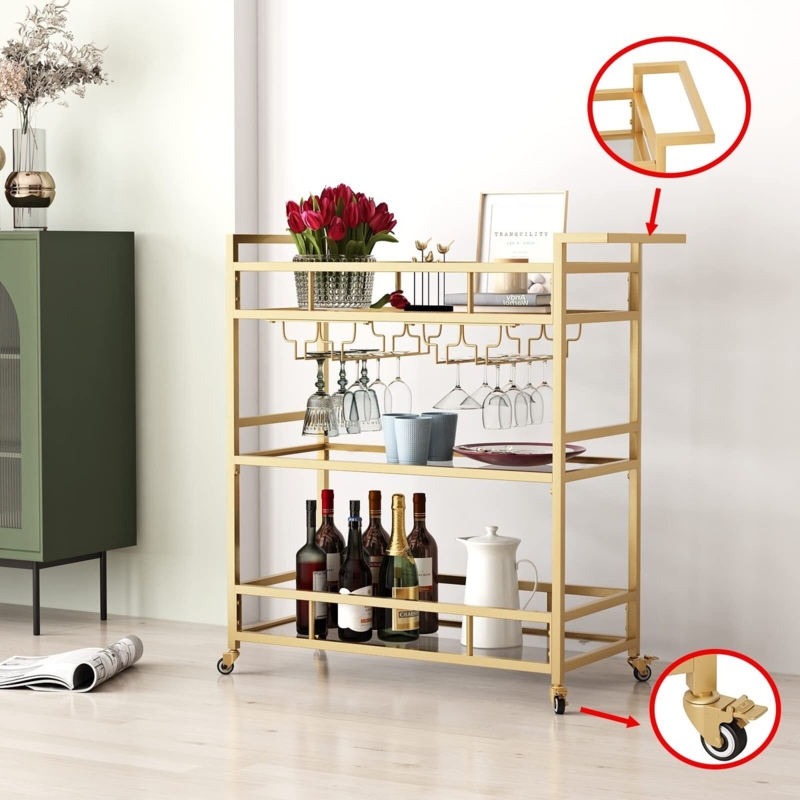 Bar Cart Three Tier Glass Gold Finish Modern Cocktail Station Styling