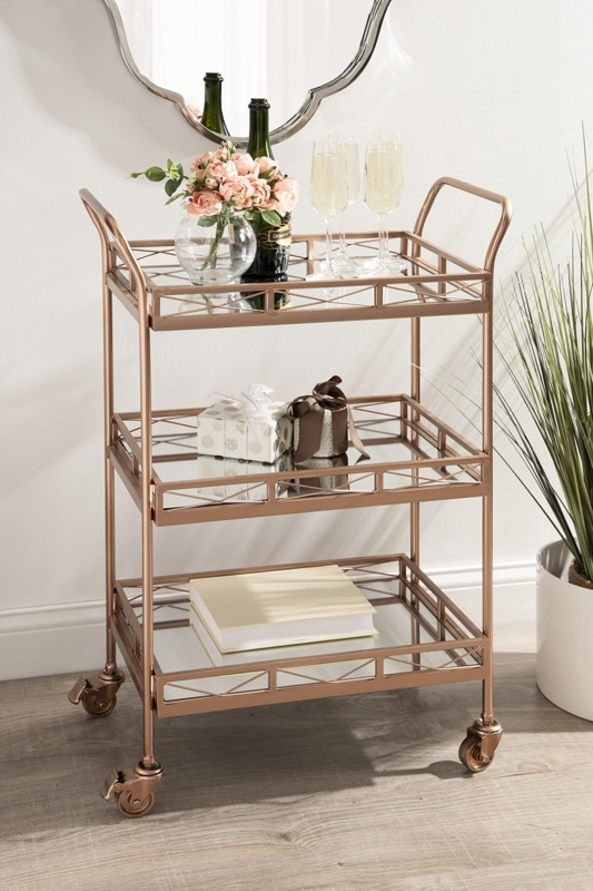 Bar Cart Three Tier Gold Metal Glass Modern Storage Rolling.