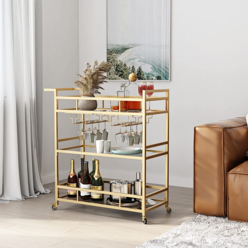 Bar Cart, Three-Tier Gold Metal with Wine Rack and Stemware Holder.
