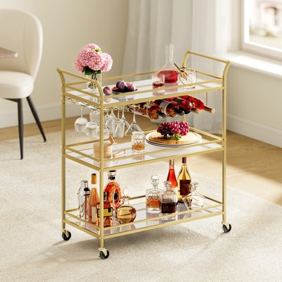 Bar Cart Three Tier Mirrored Serving Cart Gold Finish Wine Rack