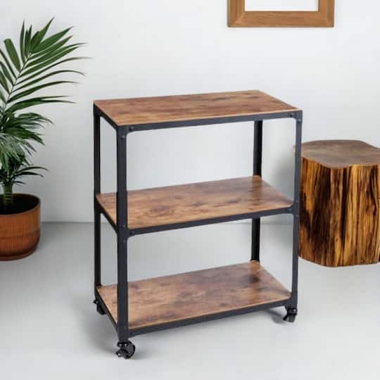 Bar Cart, Three Tier Mobile Storage, Wire Railing, Wood And Metal Contrast