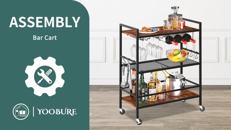 Bar Cart Three-Tier Rolling Black Metal Wood Toned Integrated Handles