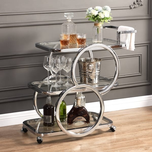Bar Cart Three Tier Silver, Modern Rolling Serving Cart