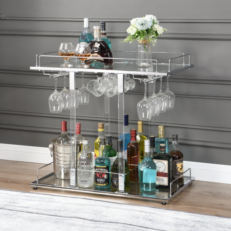 Bar Cart Transparent Acrylic Shelves Bottle Rings, Silver Setup