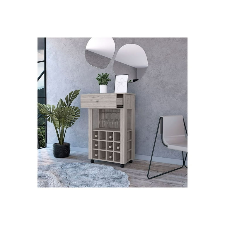 Bar Cart Twelve Wine Cubbies Stemware Rack Light Gray Wood-Toned