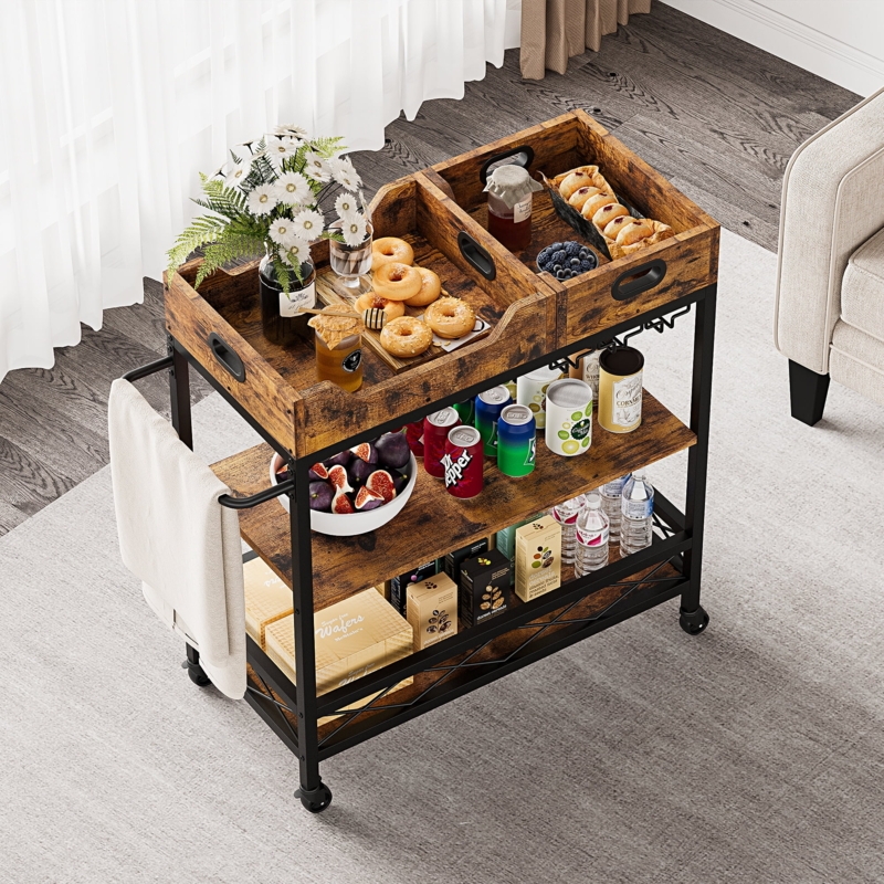 Bar Cart, Two Portable Trays, 3-Tier Industrial Storage, Wine Rack, Metal