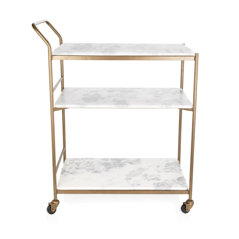 Bar Cart Two Tier Glass Shelves Antique Brass Transitional Style