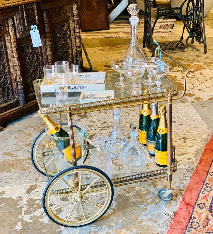 Bar Cart, Vintage French Brass Trolley with Large Spoked Wheels.