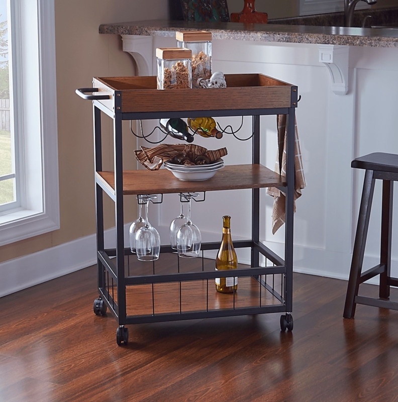 Bar Cart, Vintage Spoke Wheel Furniture, Dark Wood, Two Tier, Metal Frame