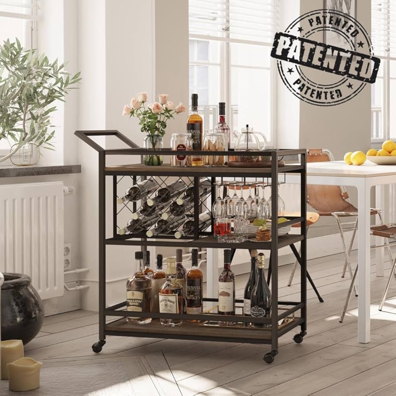 Bar Cart, Walnut And Black Storage, Three Tier, Built-In Wine Rack, Mobile