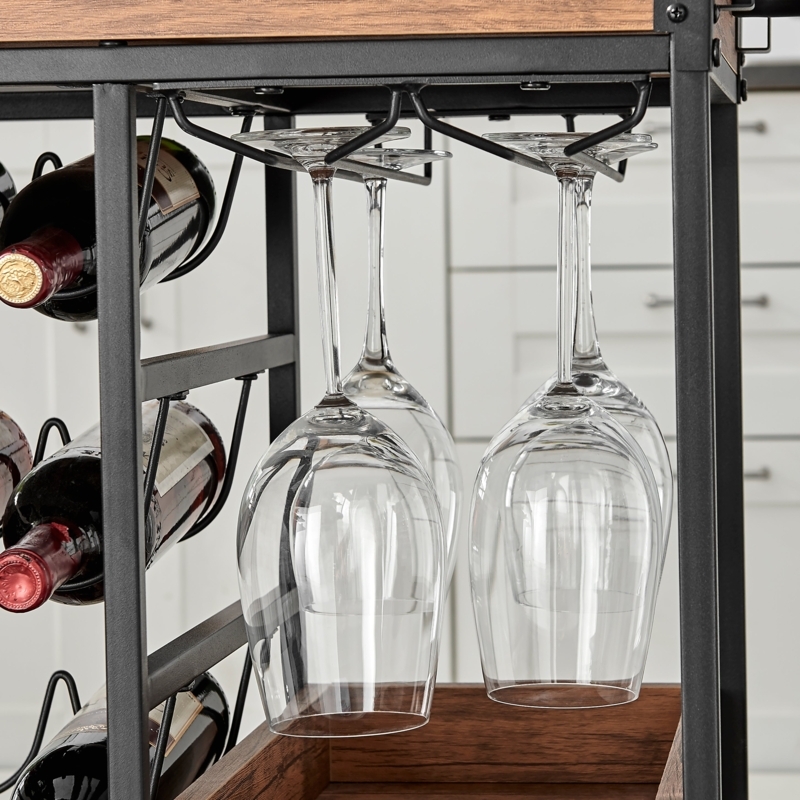 Bar Cart Walnut Wood & Metal Rolling Farmhouse Wine Storage