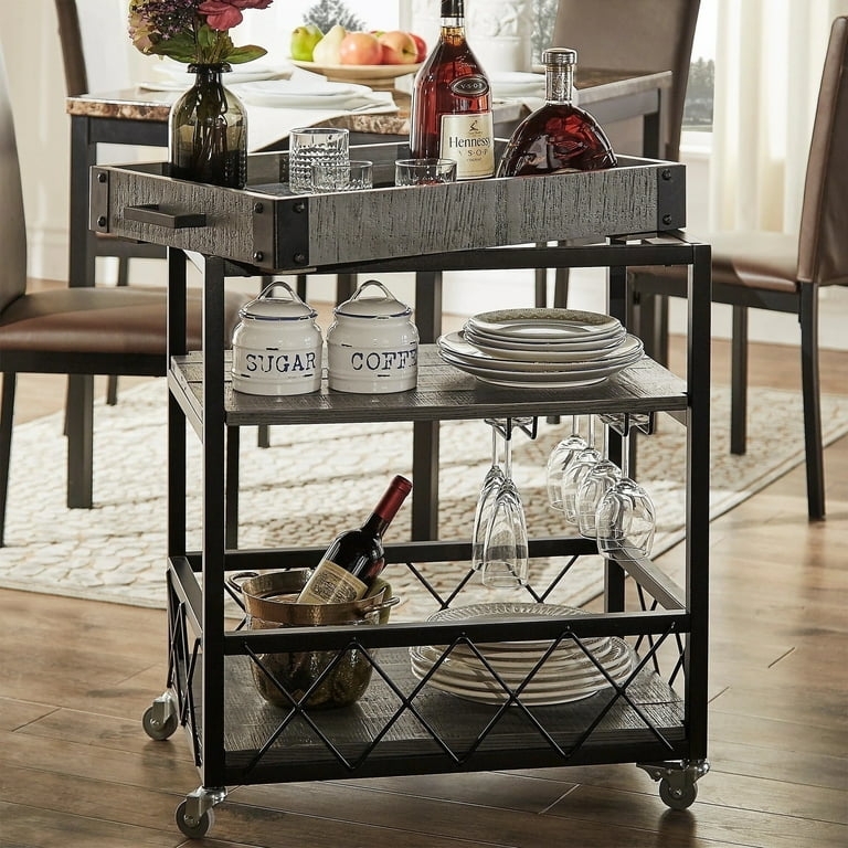 Bar Cart Weathered Grey Wood Industrial X-Cross Rustic Rolling