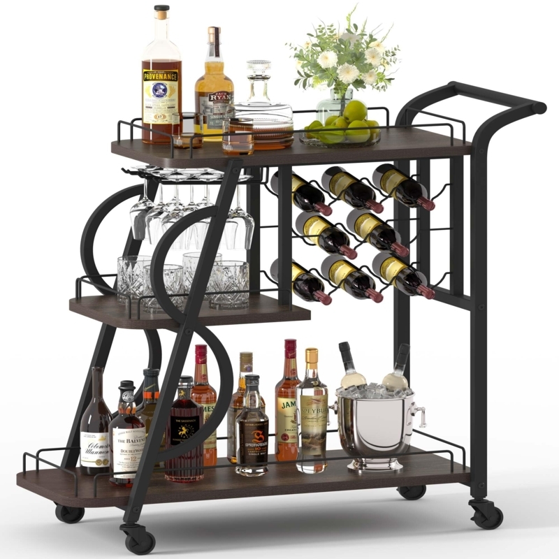 Bar Cart with Integrated Stemware Rack, Walnut Industrial Finish