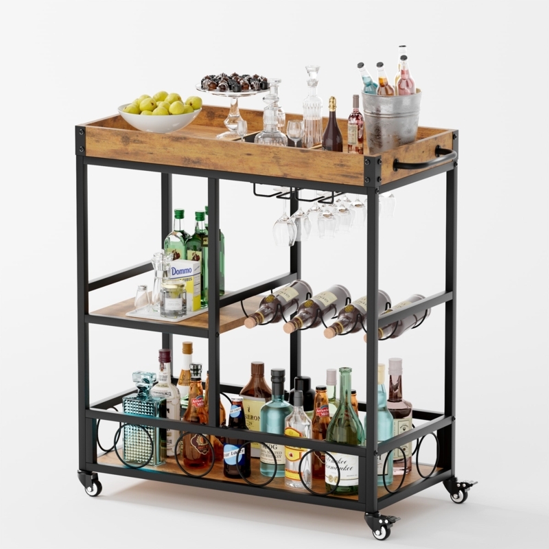 Bar Cart with Integrated Wine Rack, Industrial Rolling Black Metal Frame