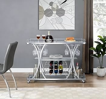 Bar Cart with Integrated Wine Storage and Silver Finish