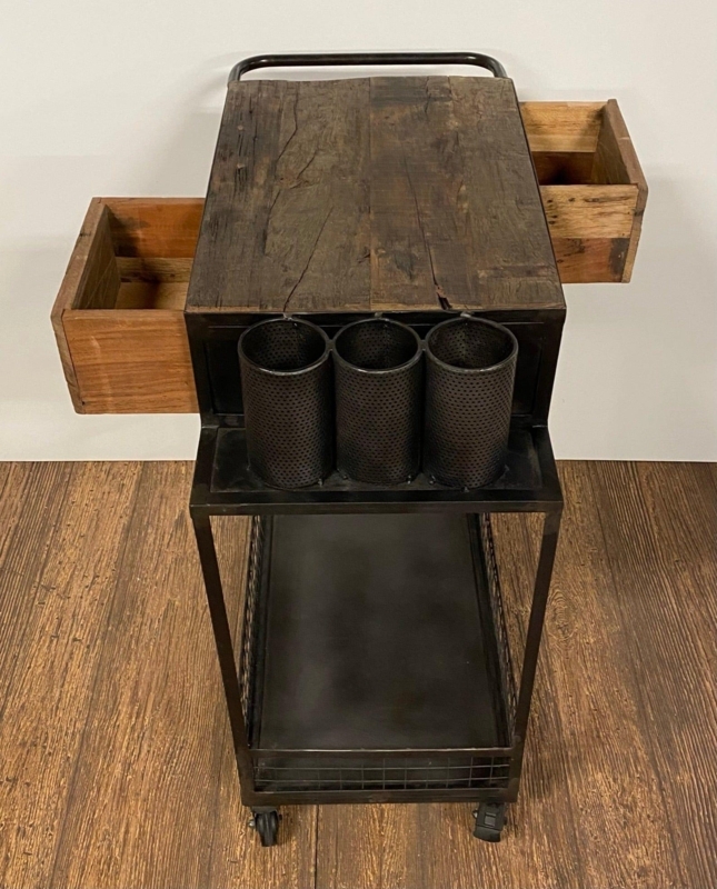 Bar Cart with Tray Shelves & Push Handle, Rustic Industrial Style