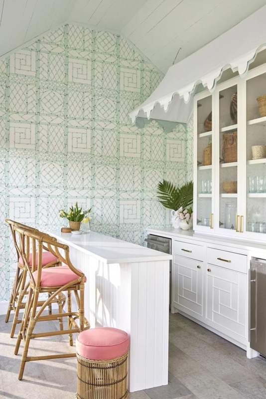 Bar Stool White Woven Rattan in Coastal Kitchen with Lantern Pendants