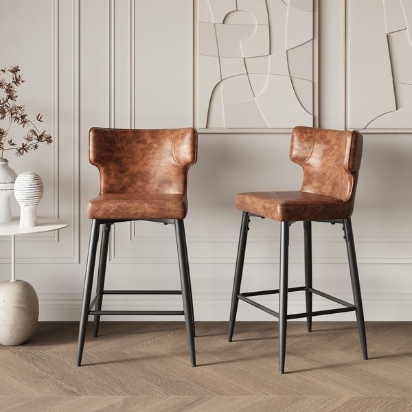 Bar Stool Wingback Silhouette Channel Tufting Cognac Brown