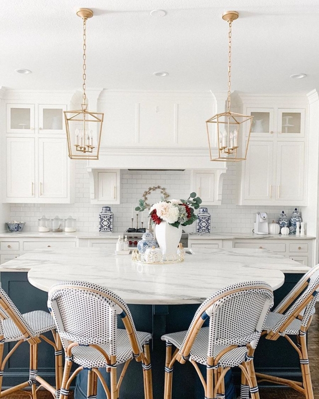 Bar Stools Navy Blue Gold Legs in Picket Tile Kitchen