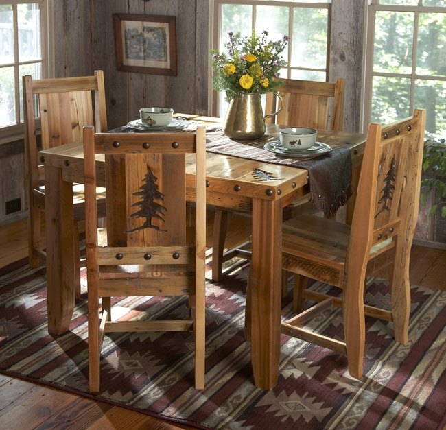 Barn Wood Dining Set with Carved Pine Tree Motif