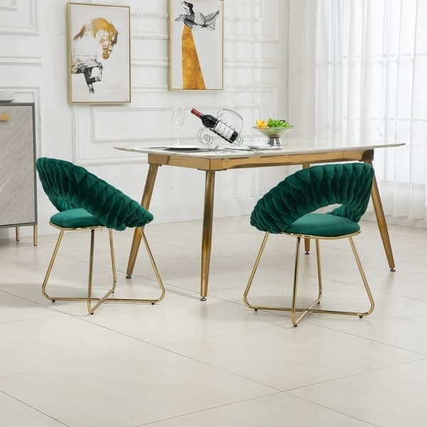 Barrel Accent Chairs Emerald Green Velvet with Splayed Gold Legs and Channel Tufting