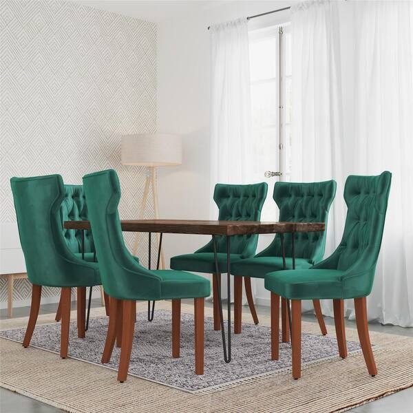 Barrel Dining Chair Emerald Velvet, Channel Tufted Back and Gold Legs Set