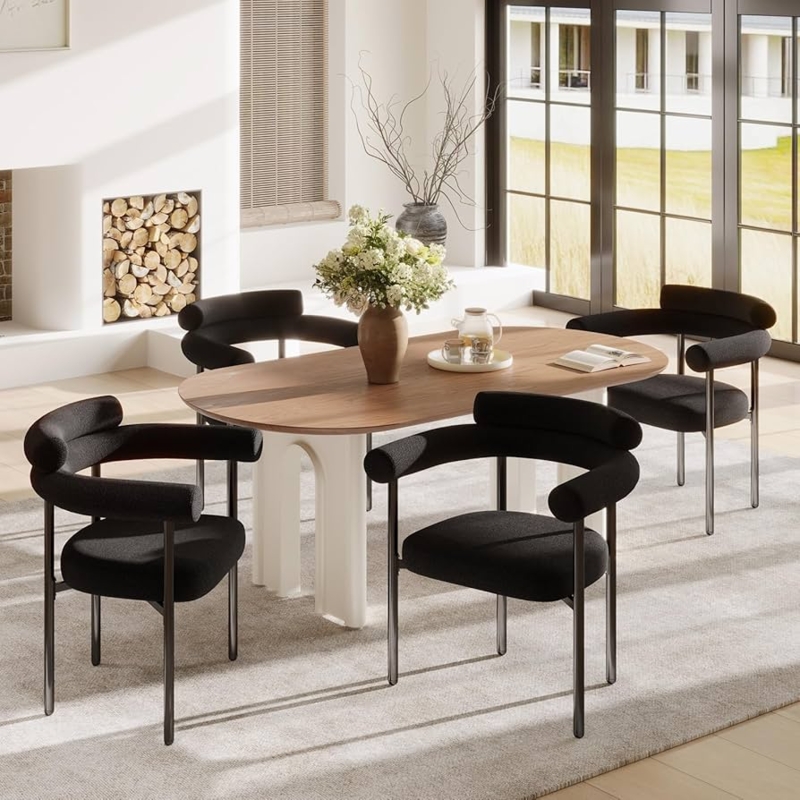 Barrel Dining Chairs Boucle Texture Metal Legs Minimalist Design