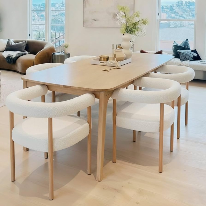 Barrel Dining Chairs Mid-Century Modern White Boucle Texture Wood Legs