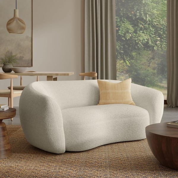 Barrel Loveseat in Vanilla Cream Boucle, Modern Curved Back Sofa Seating