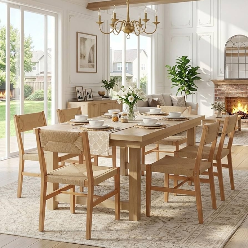 Beechwood Dining Chair Set of 6 Woven Hemp Seat Natural Wood