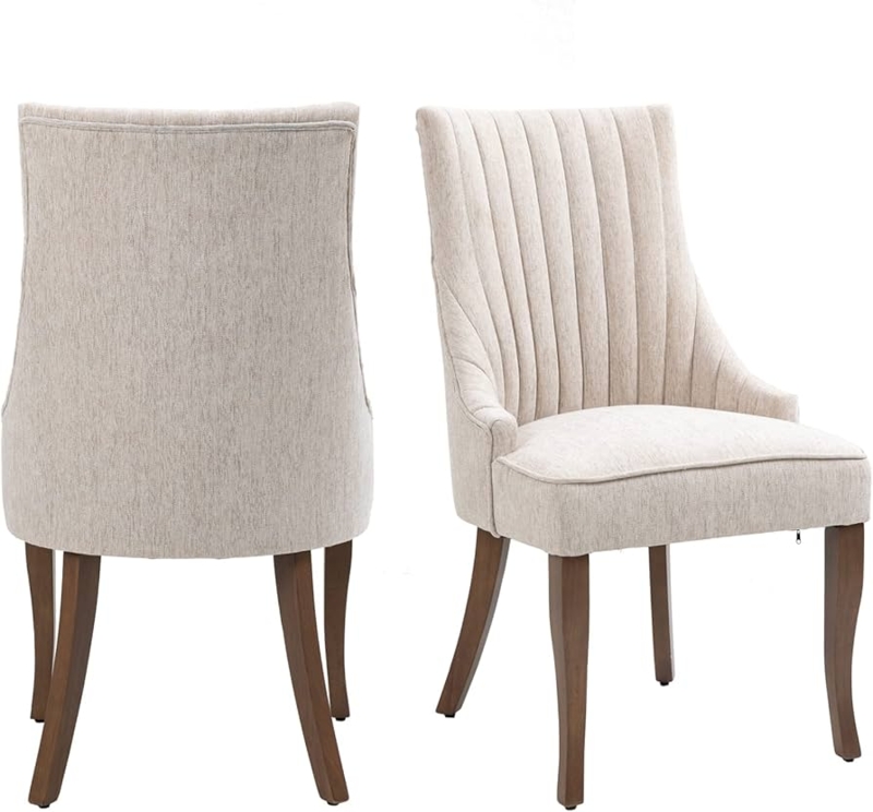 Beige Channel Tufted Dining Chairs with Dark Wood Legs