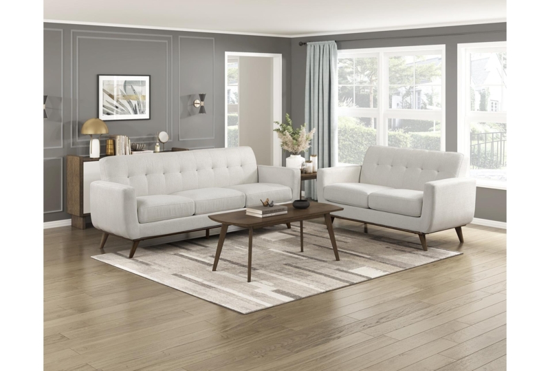 Beige Channel Tufted Loveseat with Gold Tapered Legs