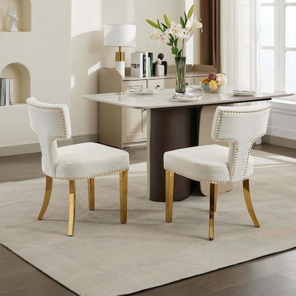Beige Chenille Dining Chairs with Splayed Black Metal Legs