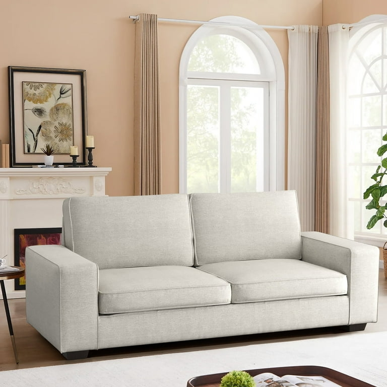 Beige Chenille Loveseat with Square Arms and Black Metal Legs