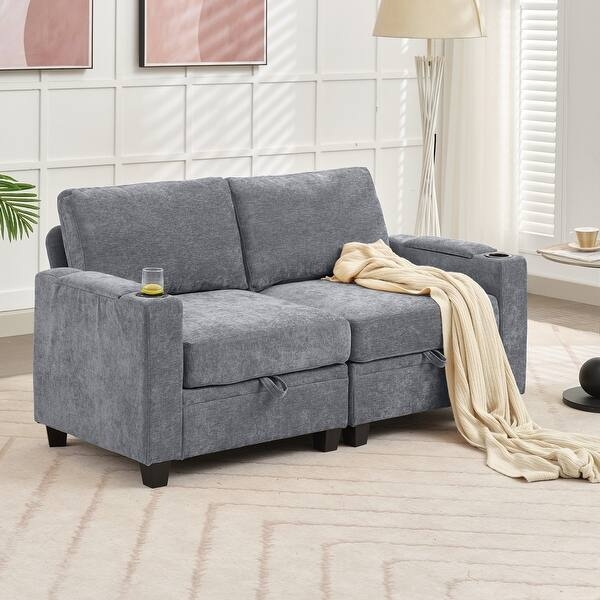 Beige Chenille Loveseat with Square Arms and Blocky Silhouette