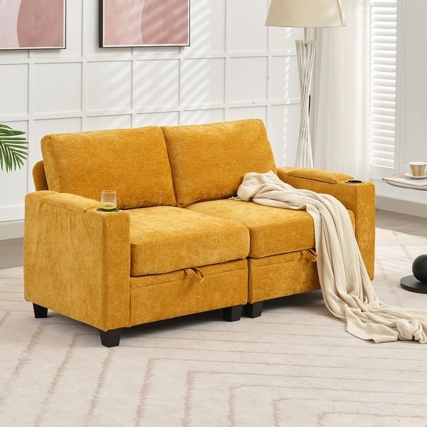 Beige Chenille Storage Loveseat with Gold Legs & Channel Tufting
