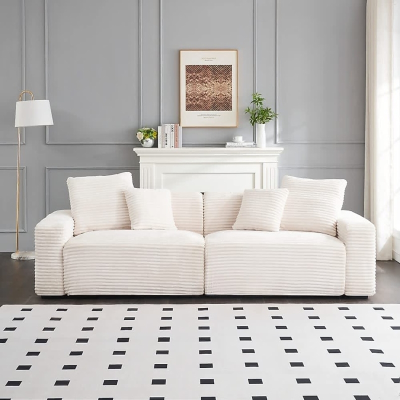 Beige Corduroy Sectional Sofa Low Profile Ribbed Texture