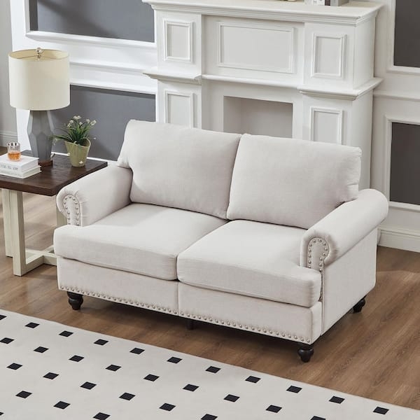 Beige Fabric Loveseat with Rolled Arms and Tapered Legs